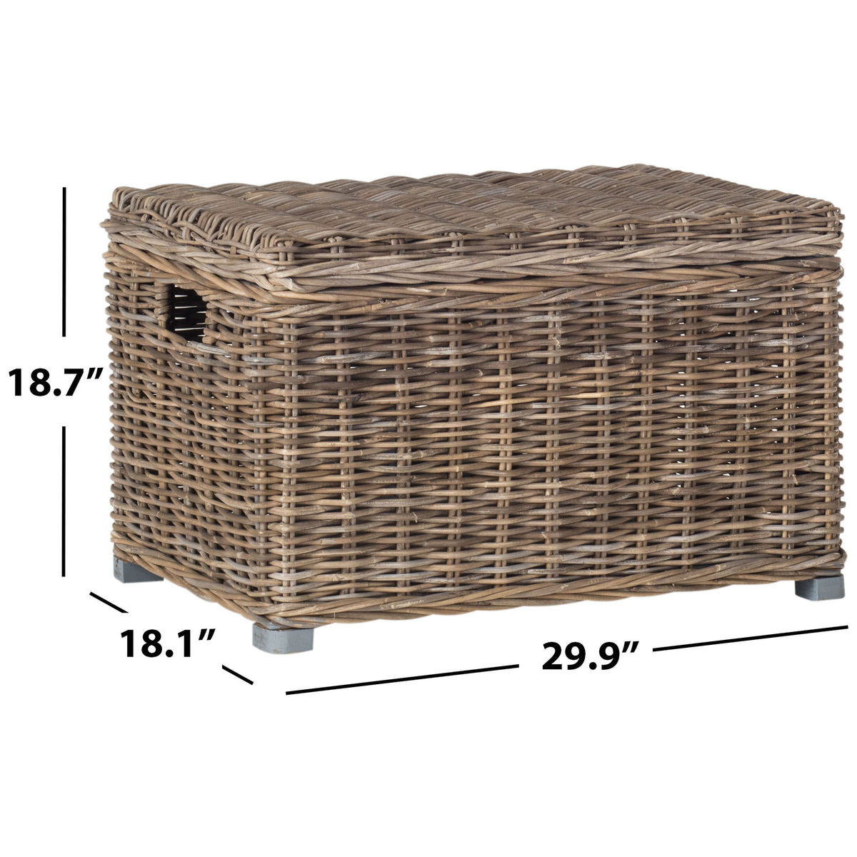 Gray woven rattan trunk measures 29.9 inches wide, 18.1 inches deep, and 18.7 inches high.