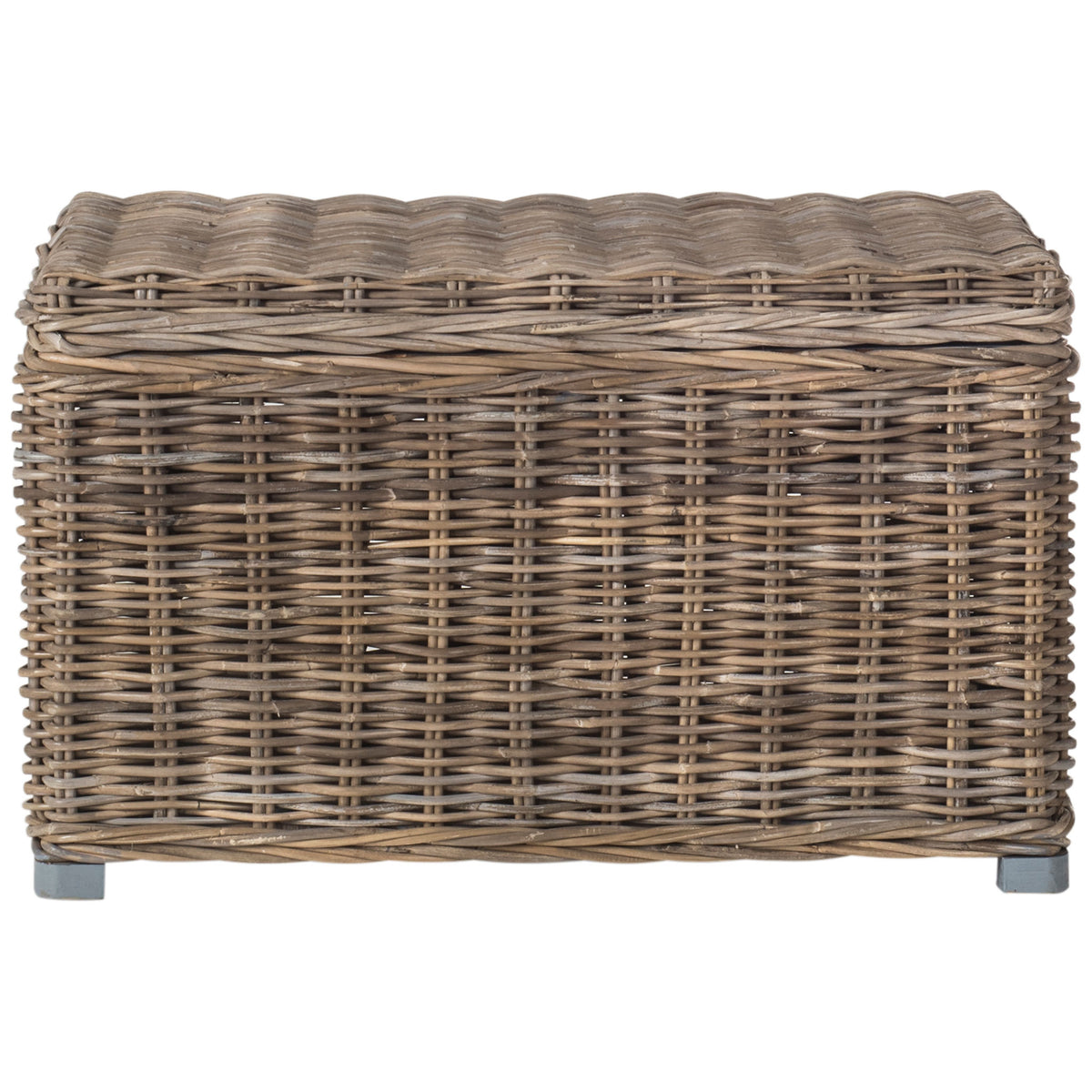 Gray woven rattan trunk features a fitted lid, a rectangular body, and short block feet. || SEA7018A || front_studio