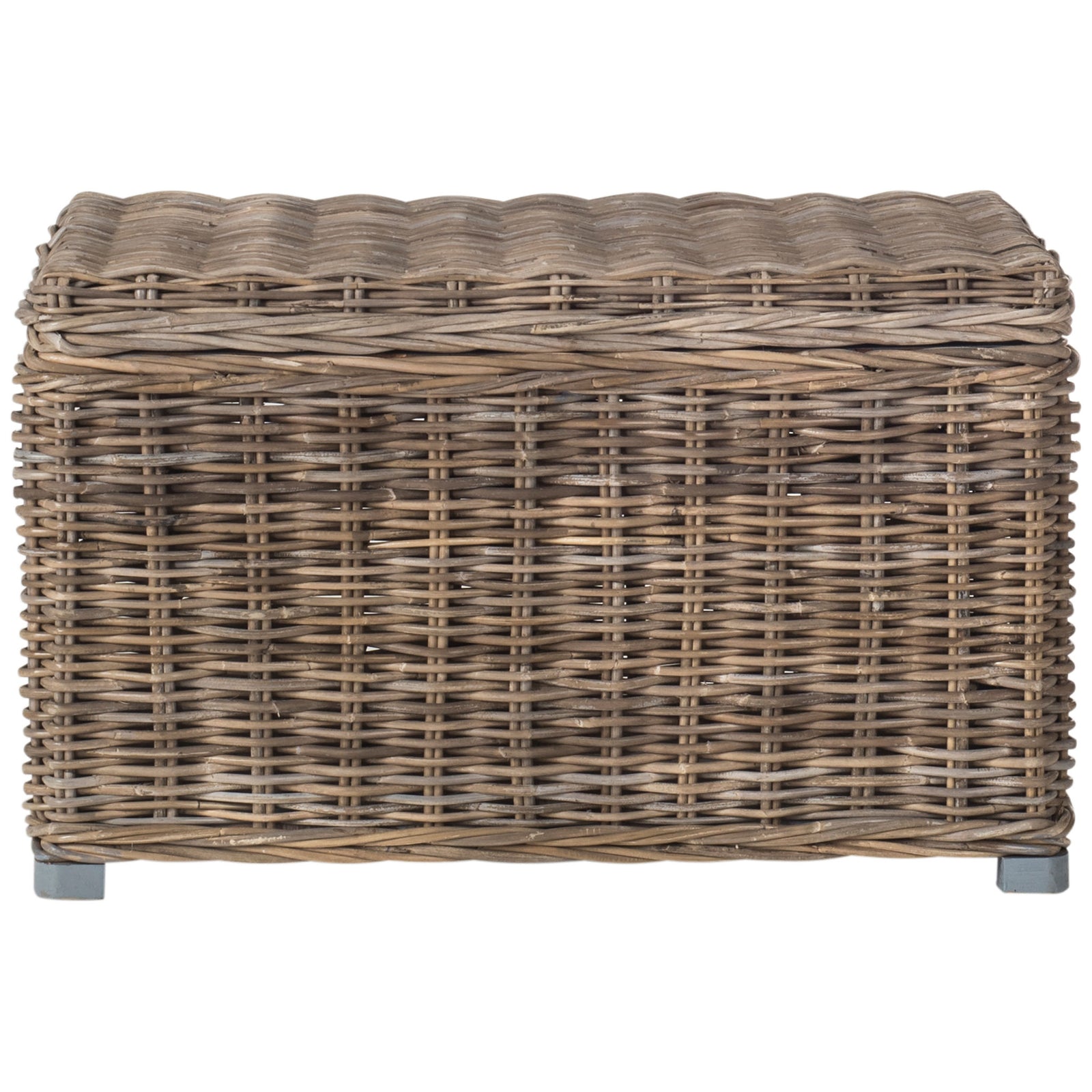 Gray woven rattan trunk features a fitted lid, a rectangular body, and short block feet. || SEA7018A || front_studio