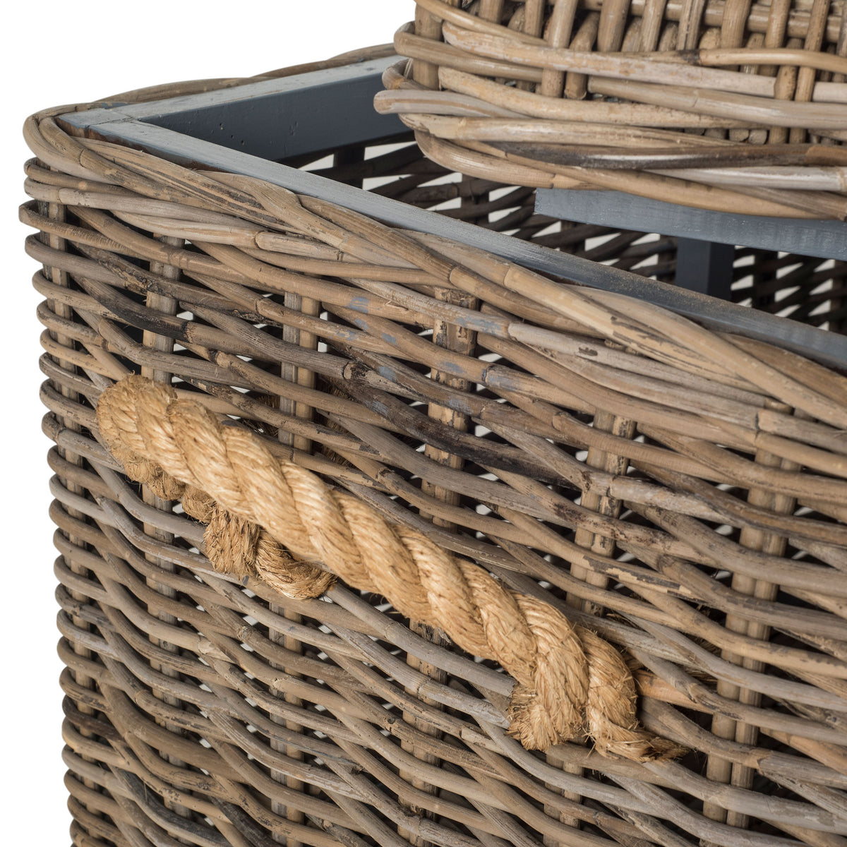 A thick twisted rope handle complements the trunk's natural gray wicker weave.