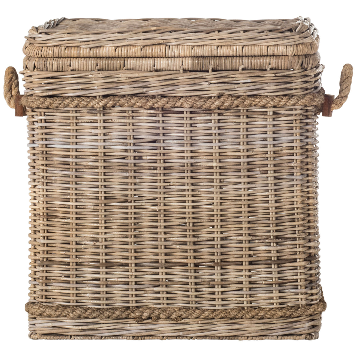Soft gray rattan hamper features a fitted woven lid, rope side handles, and braided trim || SEA7020A || front_studio