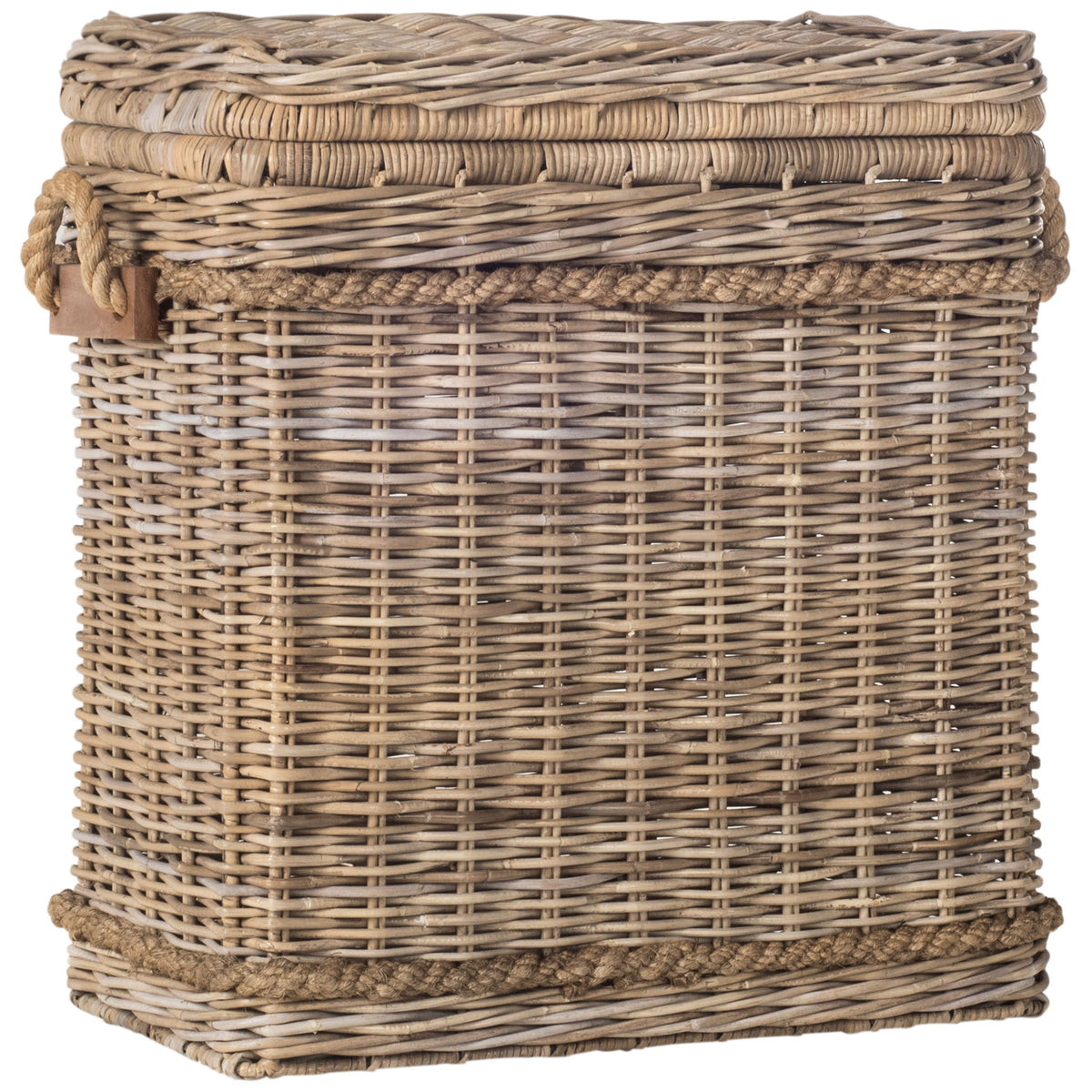 Light gray wicker weaving, braided trim, and a wrapped base add texture to this slim storage trunk || SEA7020A || front_angle_studio
