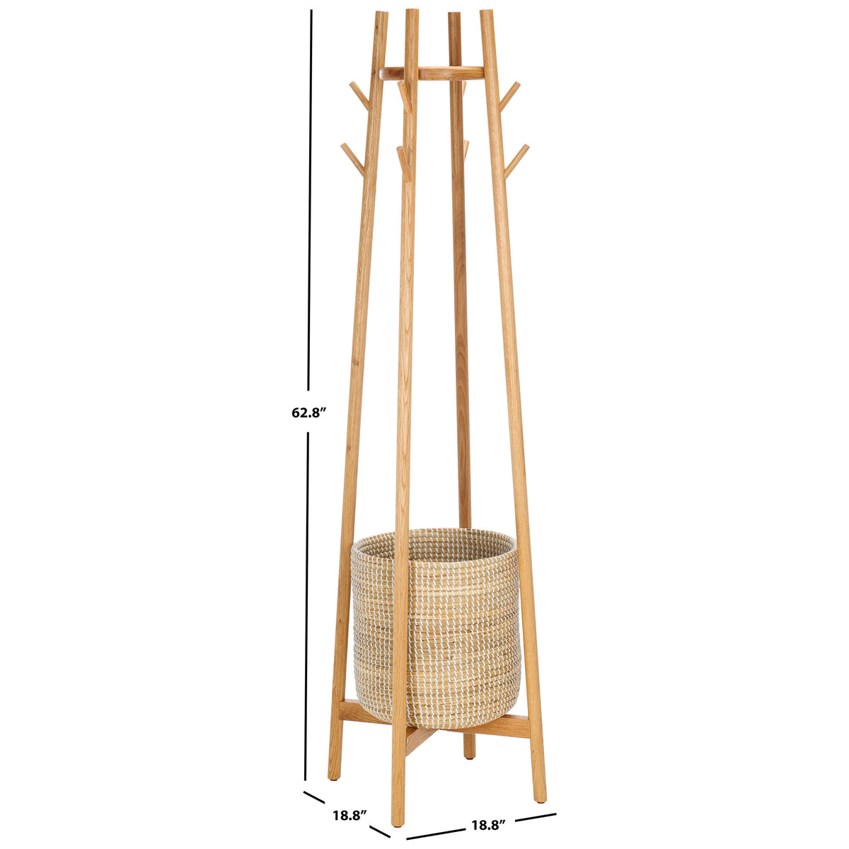 A 62.8-inch-tall coat rack combines branching hooks with a woven basket and an 18.8-inch square footprint. || SFV4202A || dimension_studio