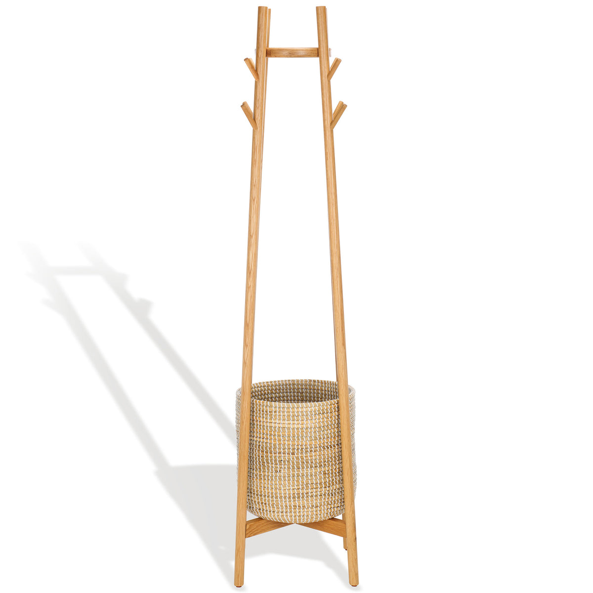 Natural wood coat rack pairs branching hooks with a woven basket for organized entryway storage. || SFV4202A || front_studio