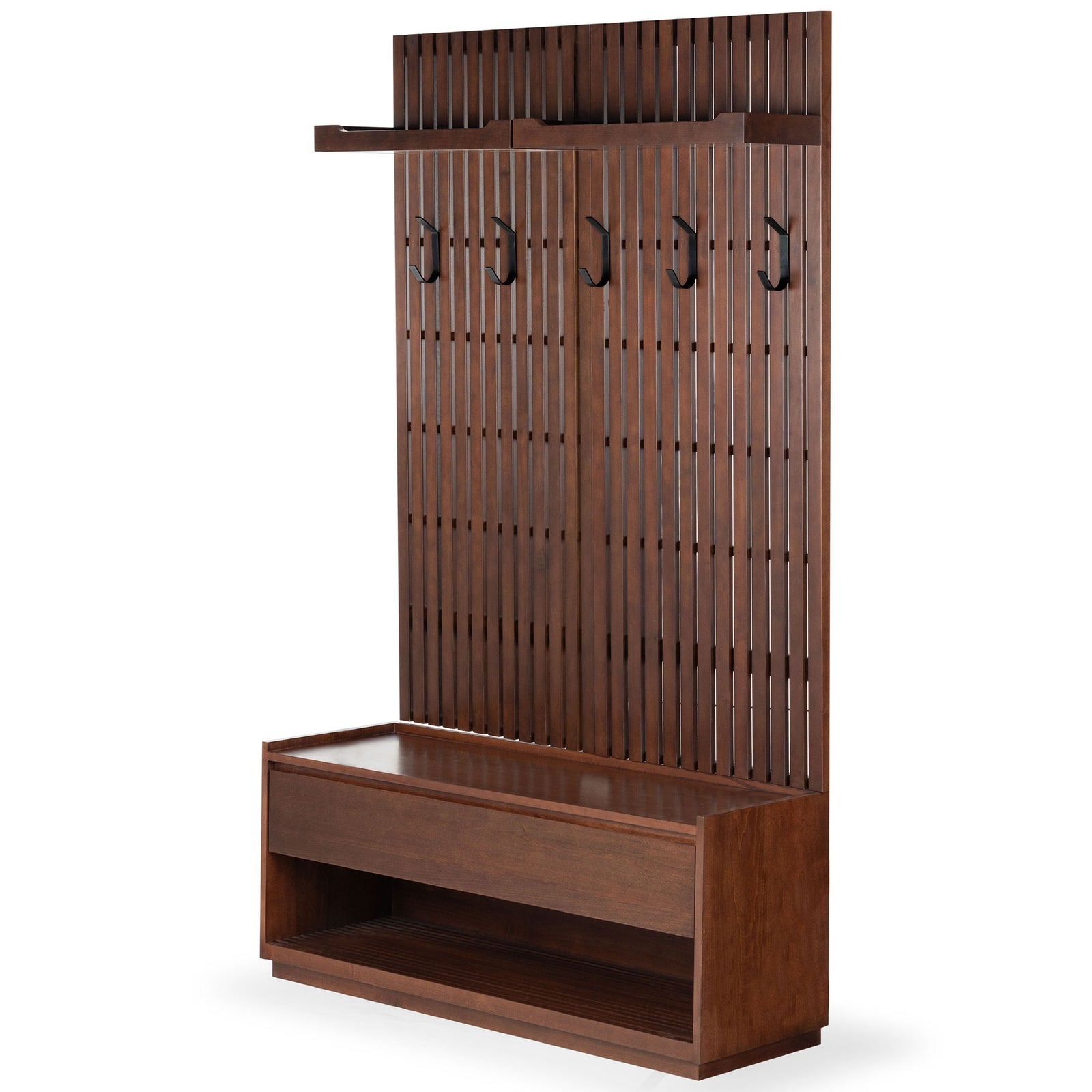 Walnut-toned woodwork combines an upper shelf, five coat hooks and a built-in storage bench || SFV4214A || front_angle_studio