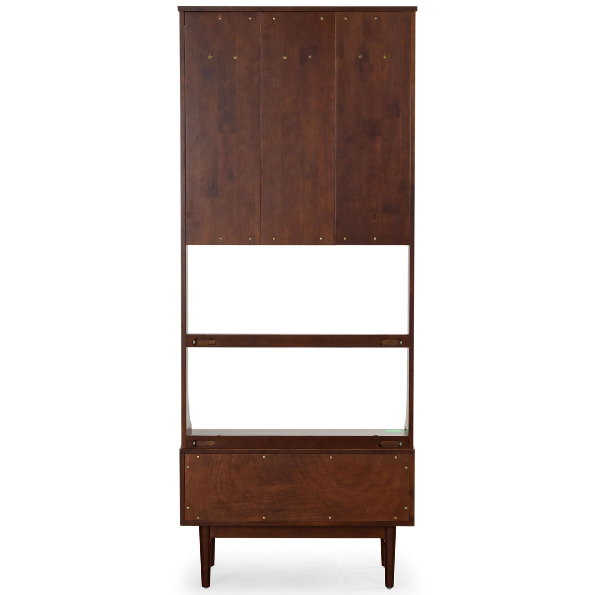 Walnut-finished wood panels, crisp lines, and tapered legs lend this hall tree timeless warmth. || SFV4224A-2BX || back_studio