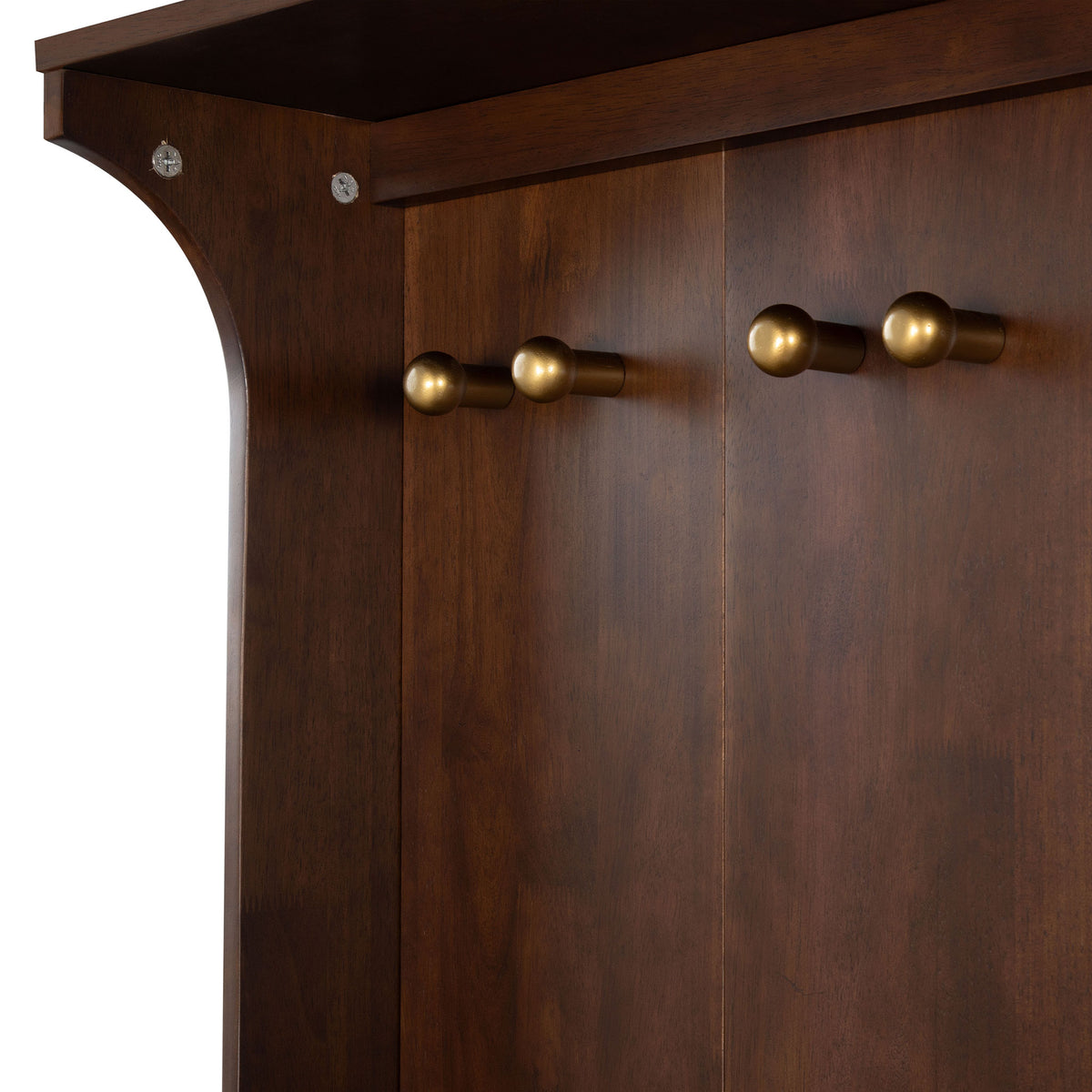 Round gold-tone coat hooks add a warm metallic touch to richly grained walnut-finished wood. || SFV4224A-2BX || detail_studio