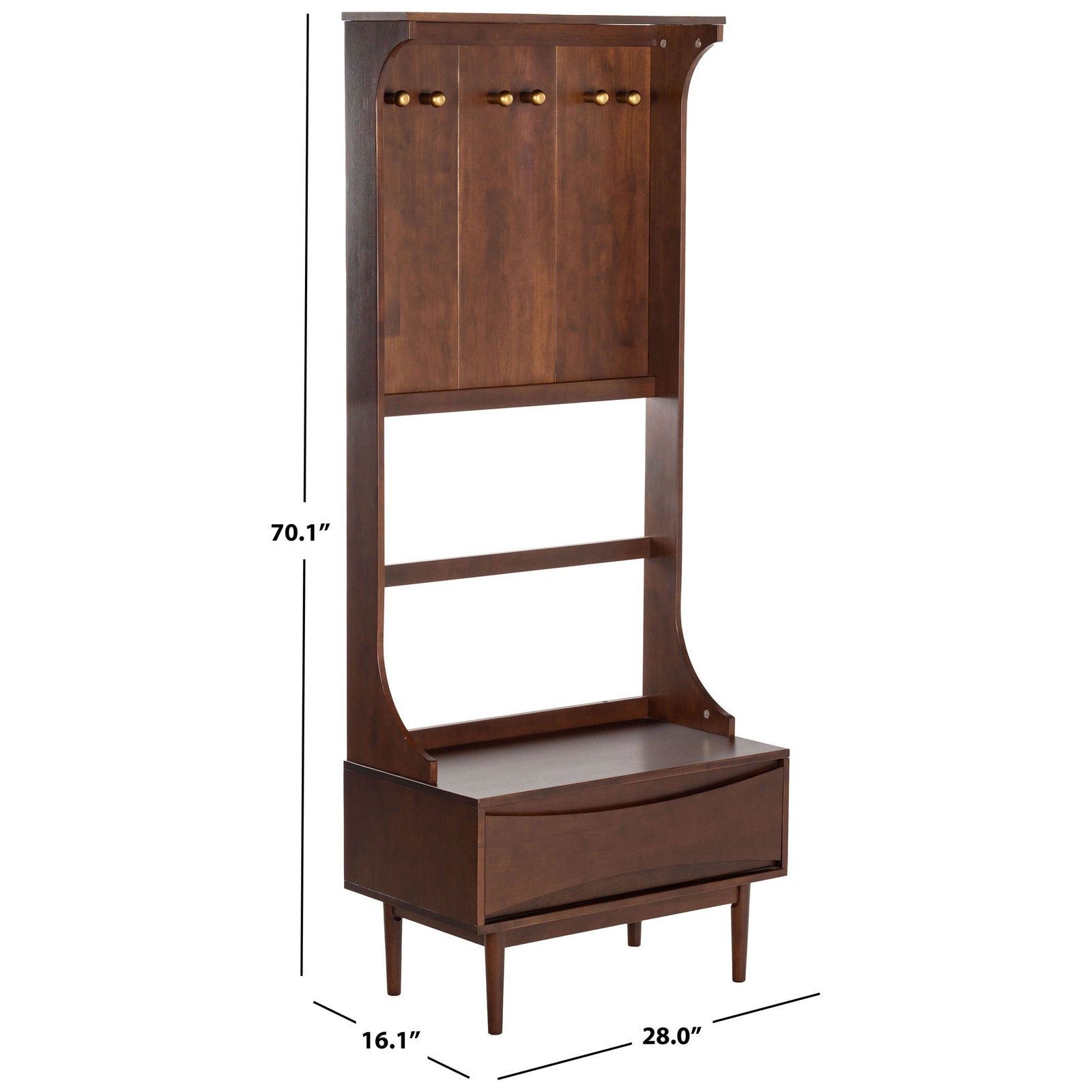 At 70.1 inches tall and 28 inches wide, this hall tree adds hanging and drawer storage to a compact entryway. || SFV4224A-2BX || dimension_studio