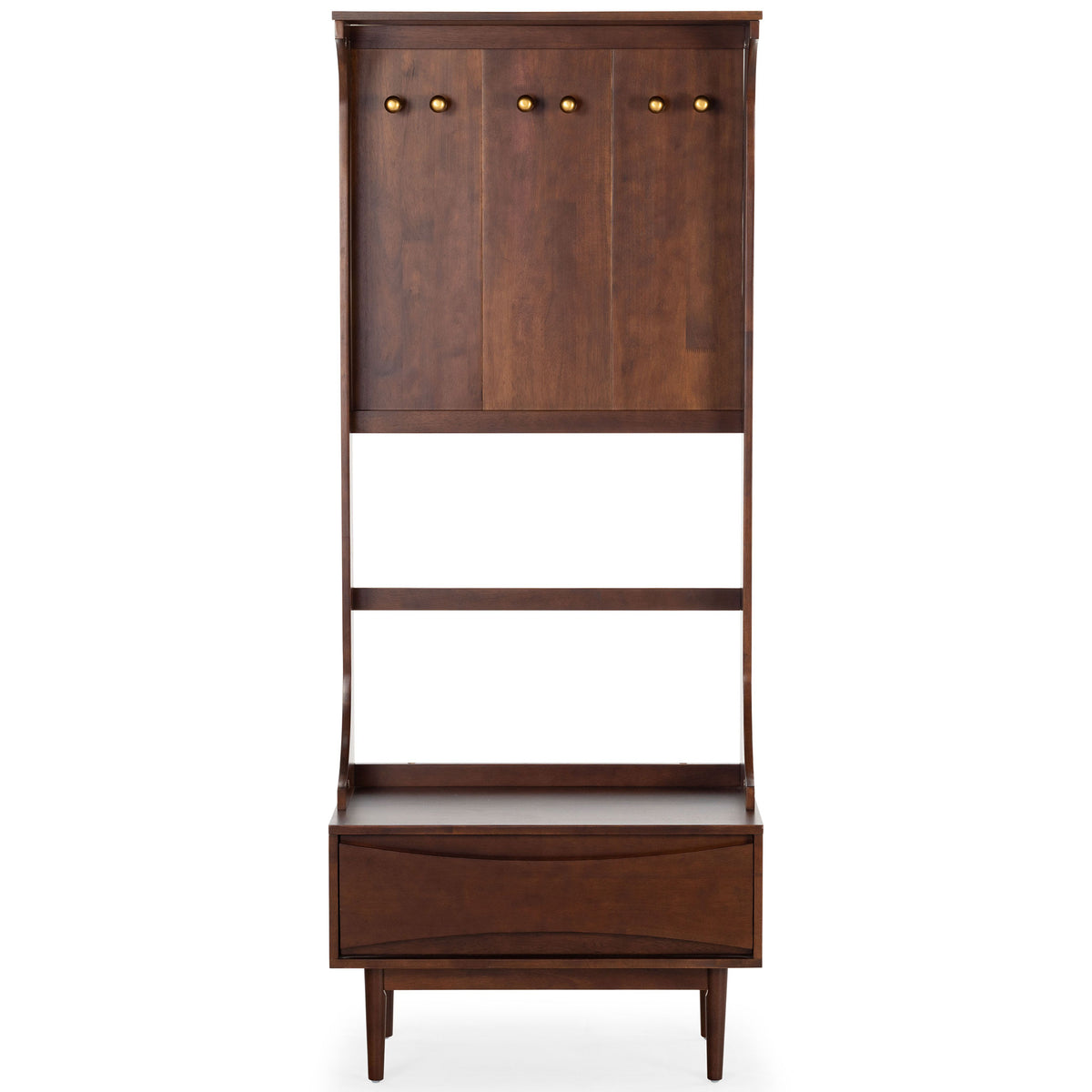 Six gold-tone hooks and a lower drawer add practical storage to this tall walnut-finished hall tree. || SFV4224A-2BX || front_studio