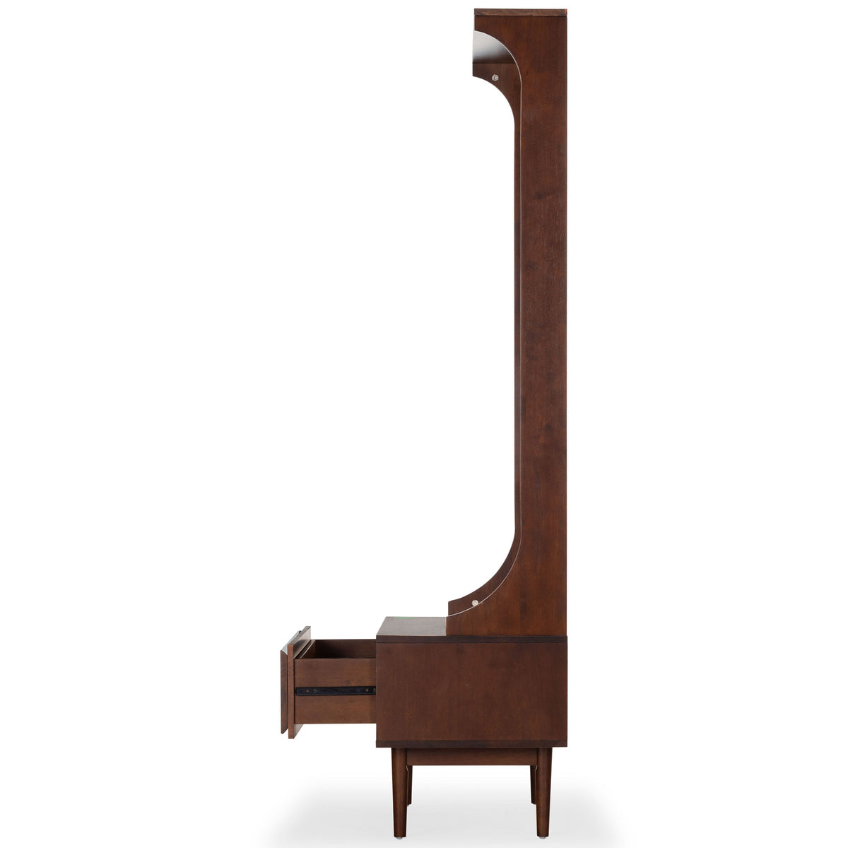 Curved wood uprights rise above a deep pull-out drawer and slender tapered legs. || SFV4224A-2BX || side_open_studio
