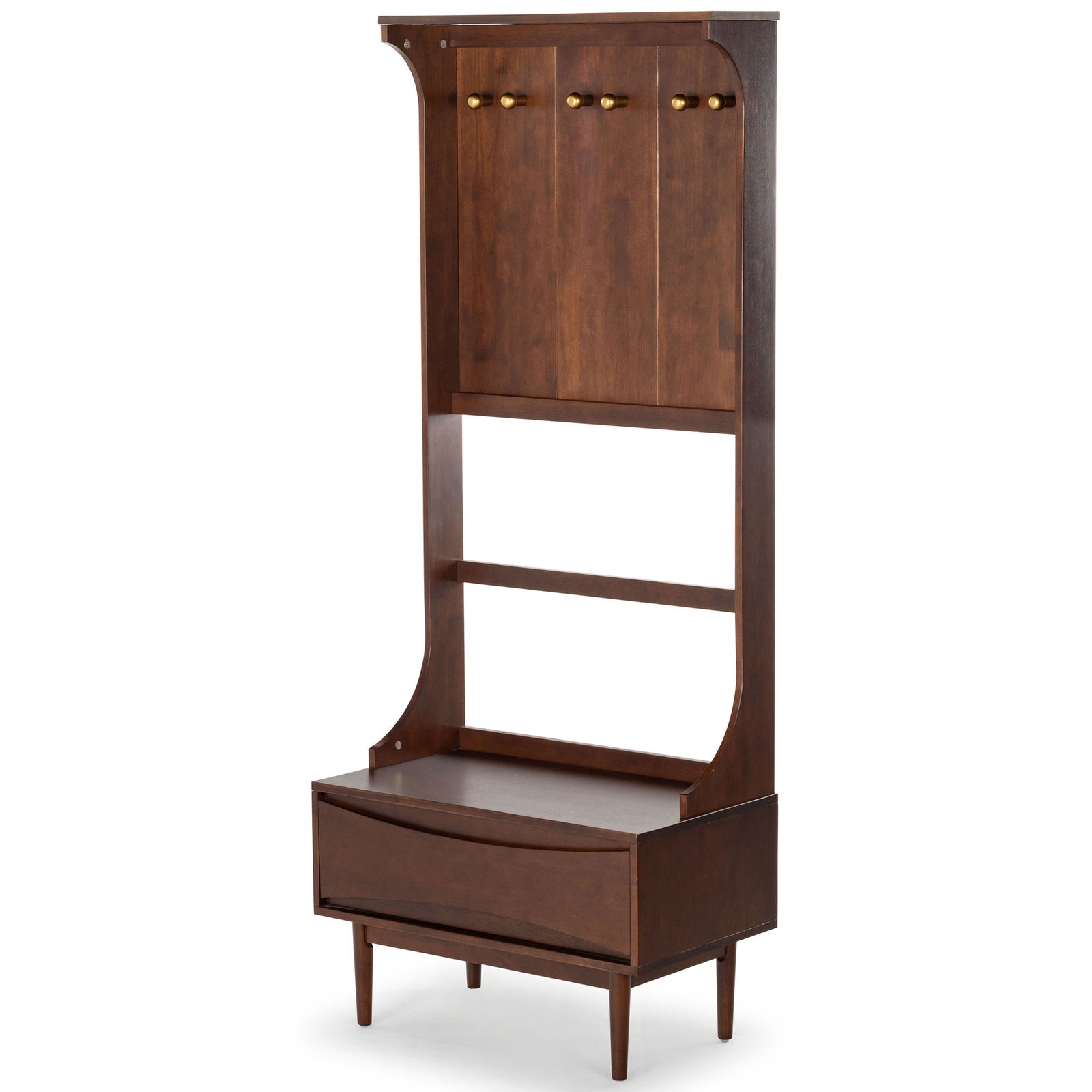 Six gold-tone hooks and a lower drawer add practical storage to this tall walnut-finished hall tree. || SFV4224A-2BX || front_studio