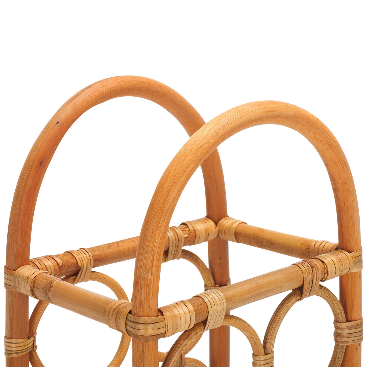 Twin curved rattan handles rise above the open wine bottle rack || STG1800A || handle_studio
