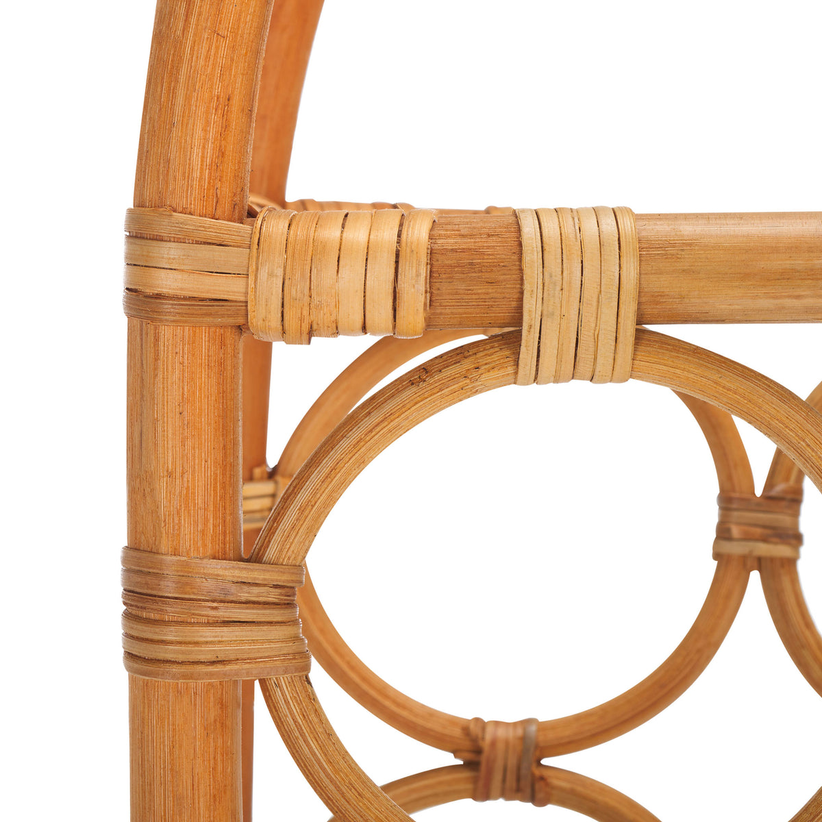 Tightly wrapped rattan joints connect the frame to its circular wine bottle cradles || STG1800A || detail_studio