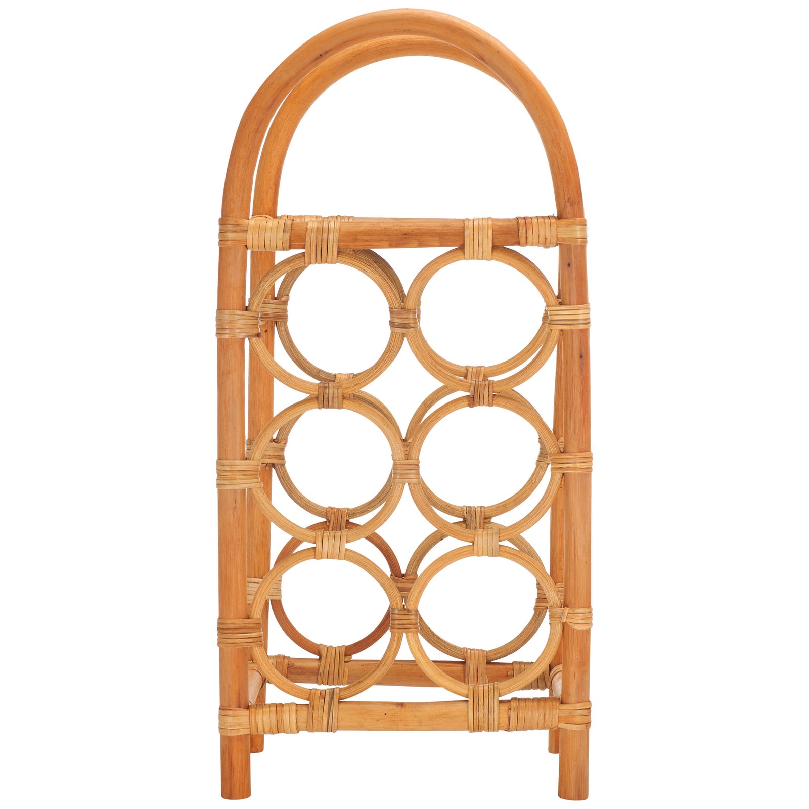 Six round bottle cradles give this natural rattan wine rack an airy, sculptural look || STG1800A || front_studio