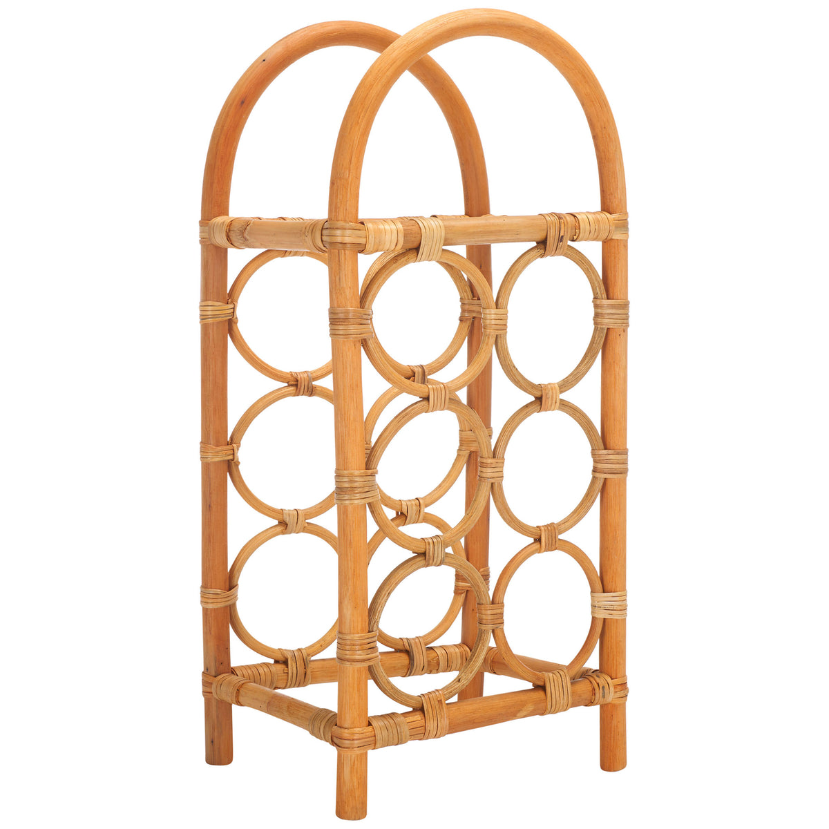 Open rattan framework pairs stacked bottle holders with gently arched top rails || STG1800A || front_angle_studio