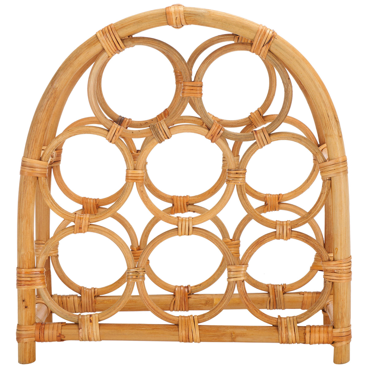 Natural rattan wine rack features an arched frame and eight circular bottle holders || STG1801A || front_studio