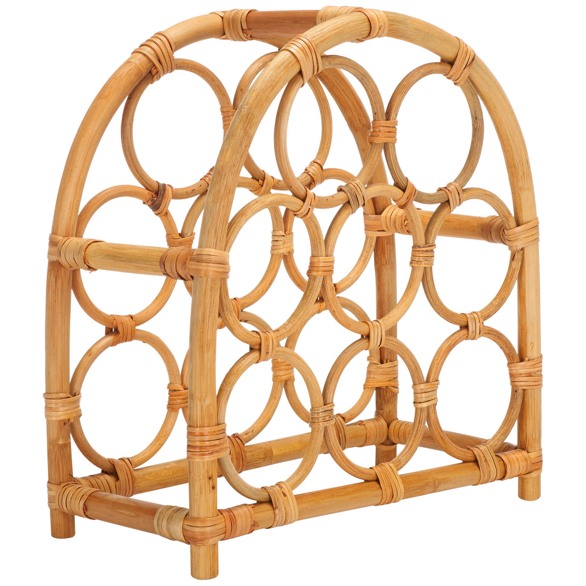 Open rattan framework pairs a rounded top with eight circular bottle compartments || STG1801A || front_angle_studio