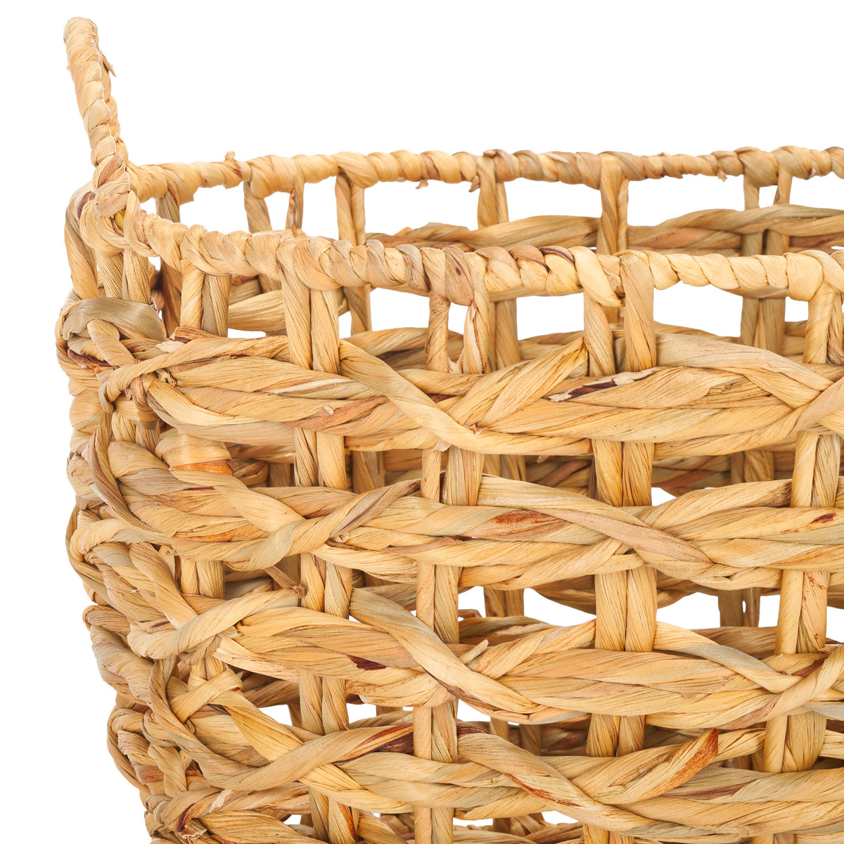 A thick wrapped rim tops the basket's airy, golden water hyacinth weave. || STG1806A || detail_studio