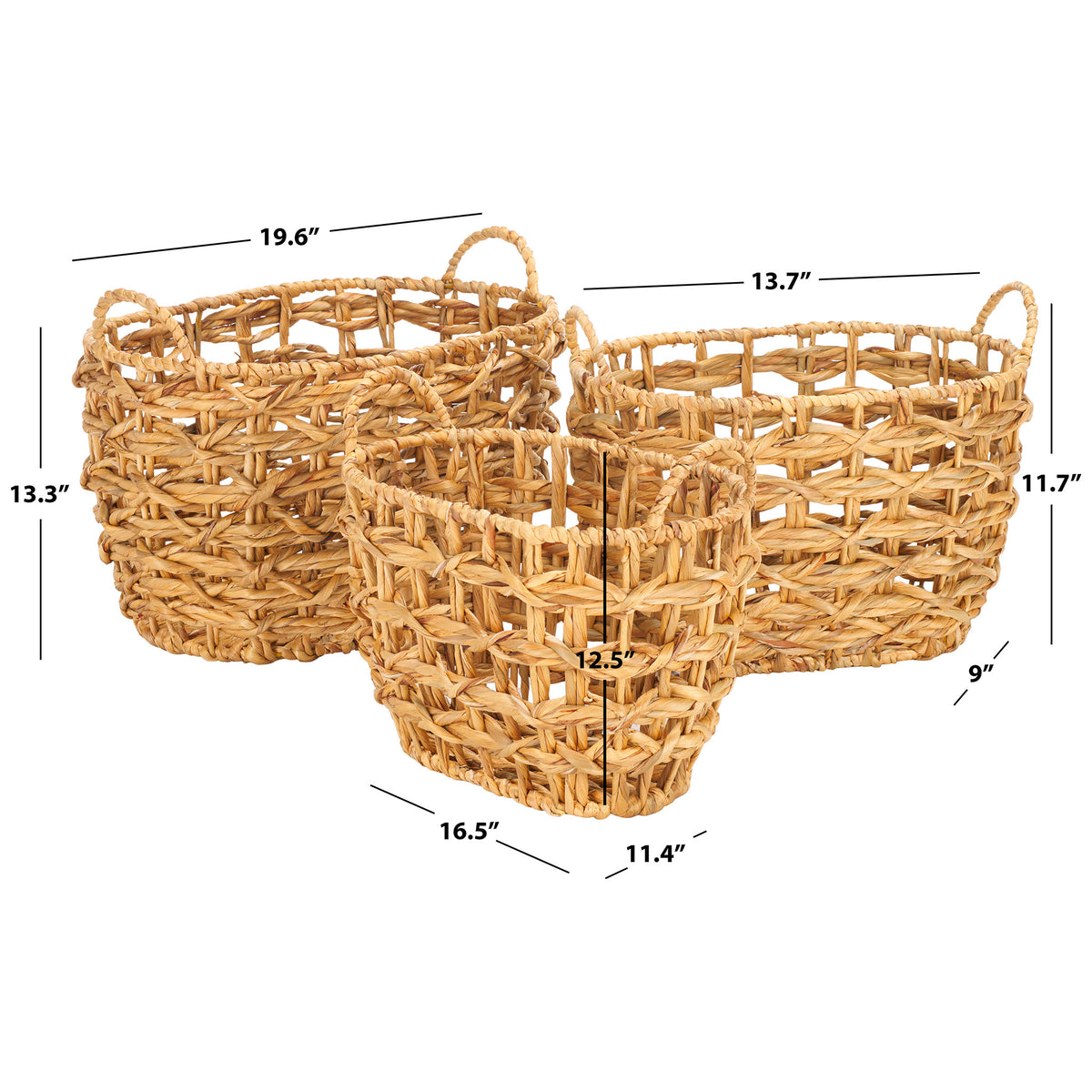 Three graduated woven baskets measure up to 19.6 inches wide for versatile storage. || STG1806A || dimension_studio