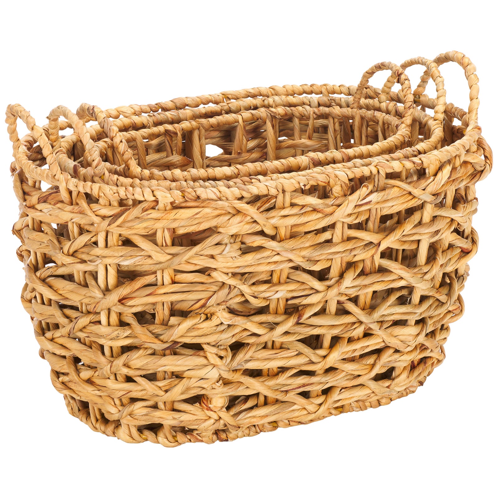 Three graduated baskets nest neatly inside one another for compact, coordinated storage. || STG1806A || front_angle_studio