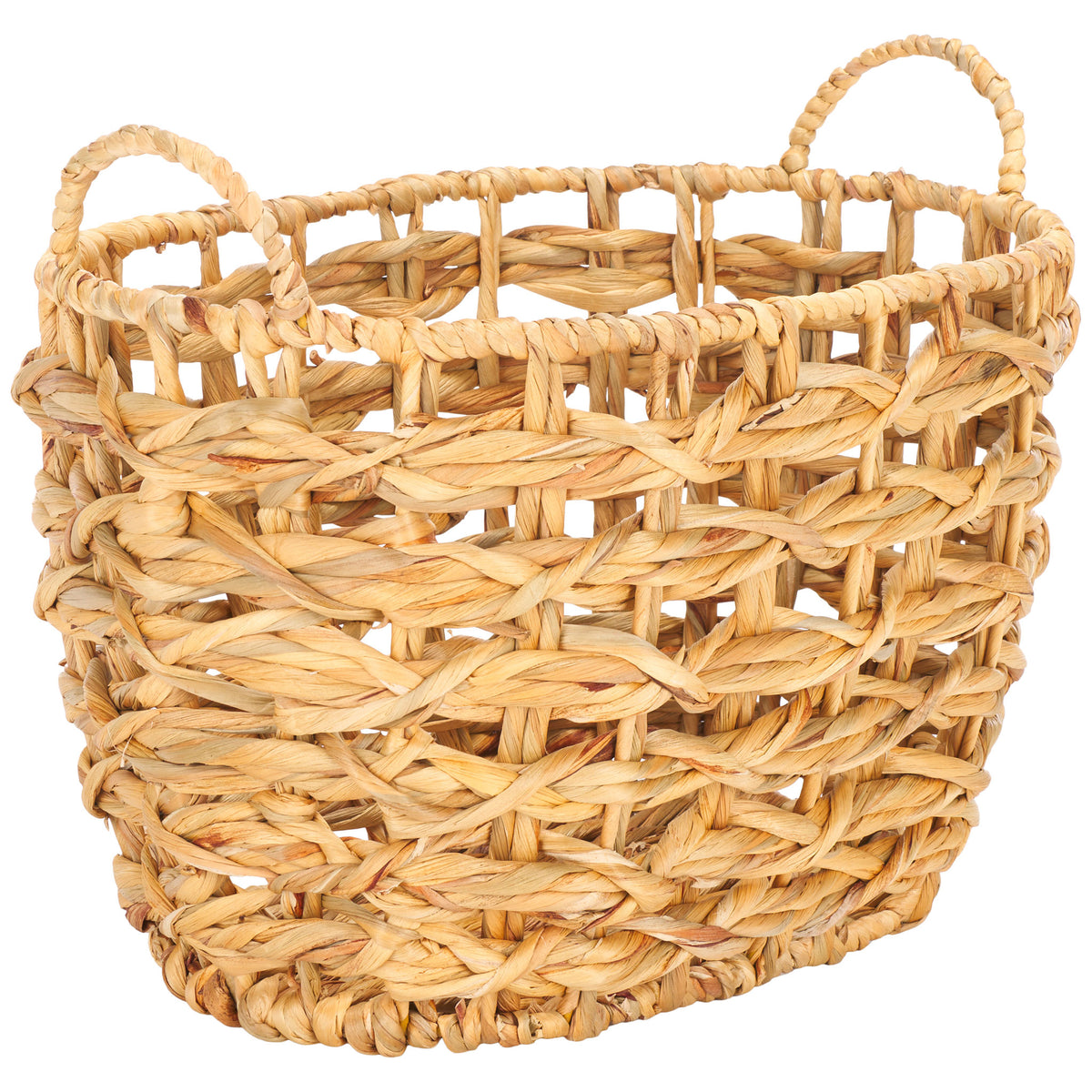 A rounded woven basket combines open storage with practical loop handles on either end. || STG1806A || front_angle_partial_studio