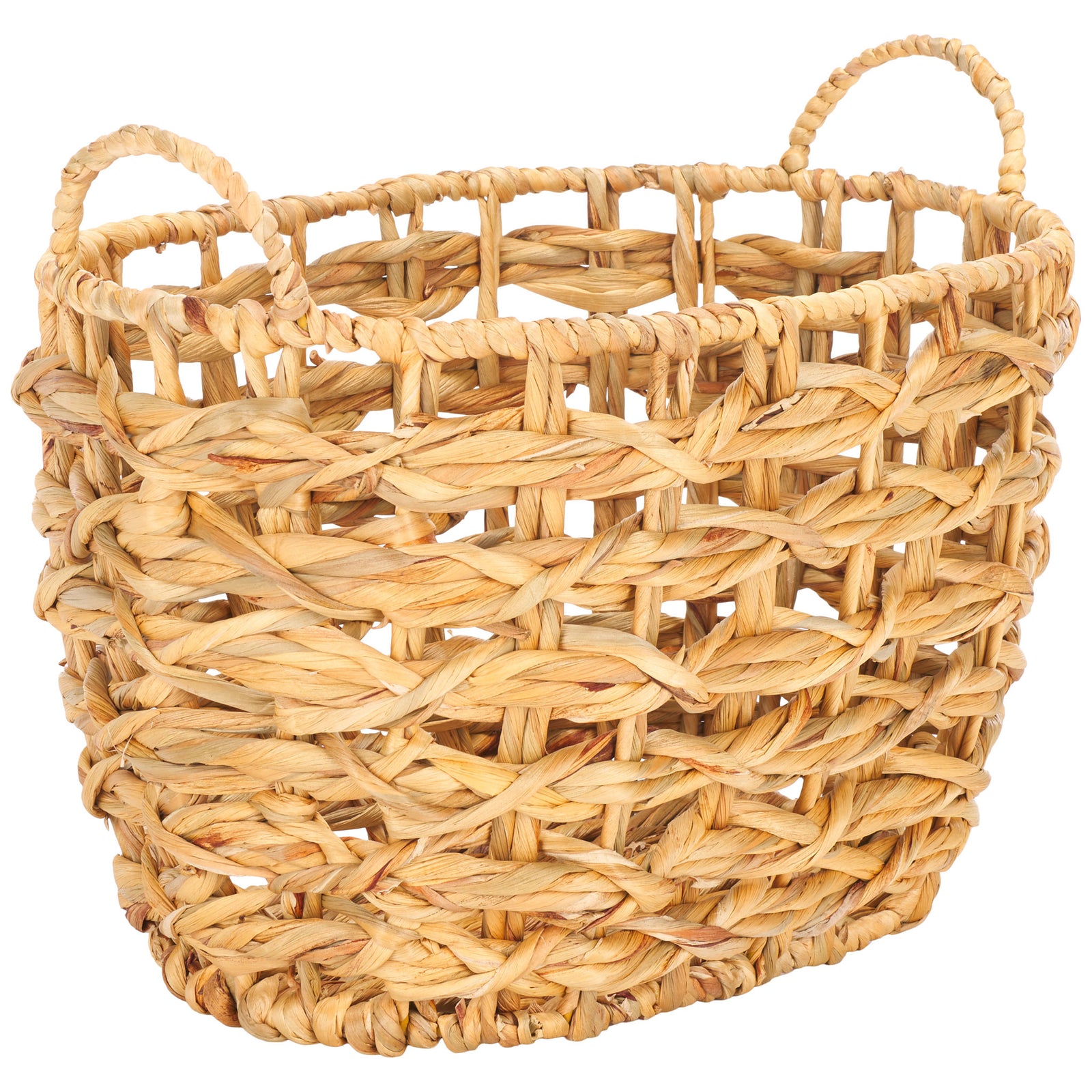 A rounded woven basket combines open storage with practical loop handles on either end. || STG1806A || front_angle_partial_studio