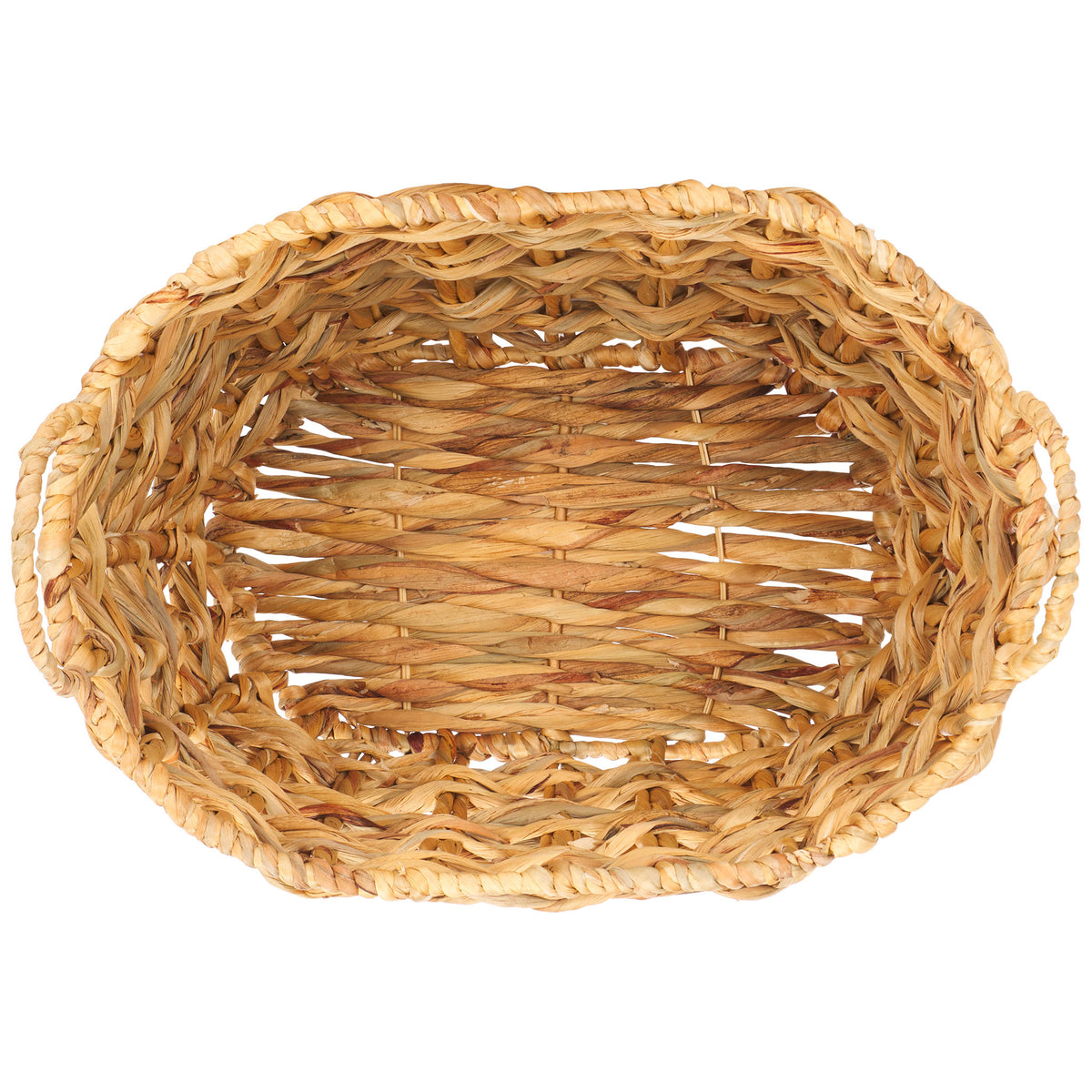 A rounded woven rim surrounds an open basket interior and textured natural-fiber base. || STG1806A || top_partial_studio