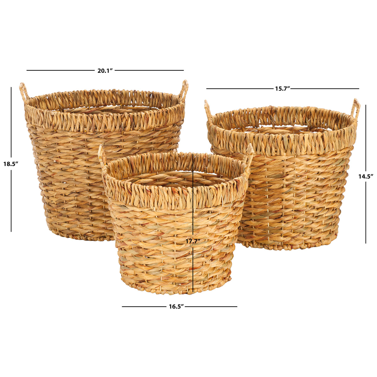 Three graduated woven baskets offer versatile storage with convenient carrying handles. || STG1807A || dimension_studio