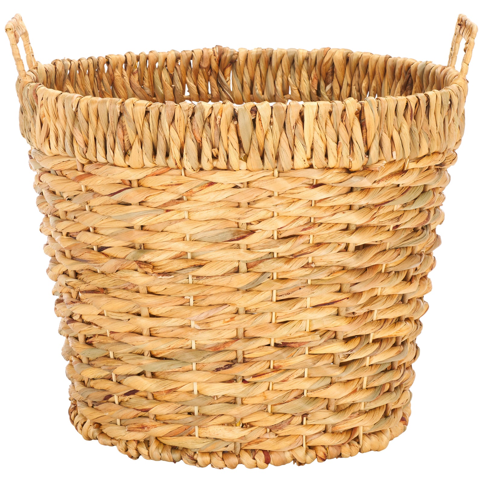 A roomy round basket features a thick woven rim, two loop handles, and a sturdy tapered base. || STG1807A || front_partial_studio
