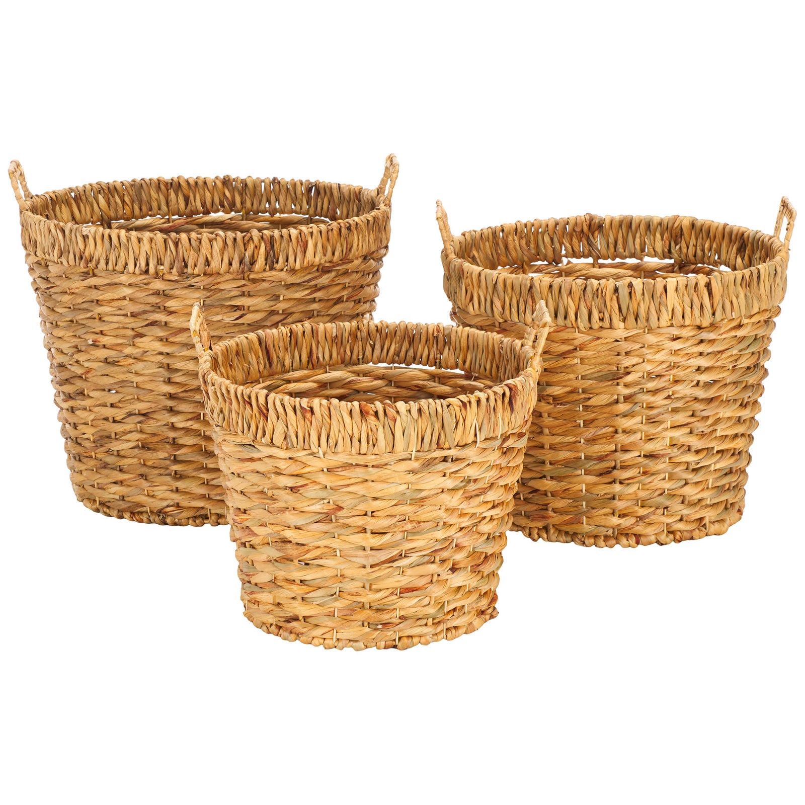 Three natural water hyacinth baskets pair graduated sizes with textured weave and easy-carry handles. || STG1807A || front_studio