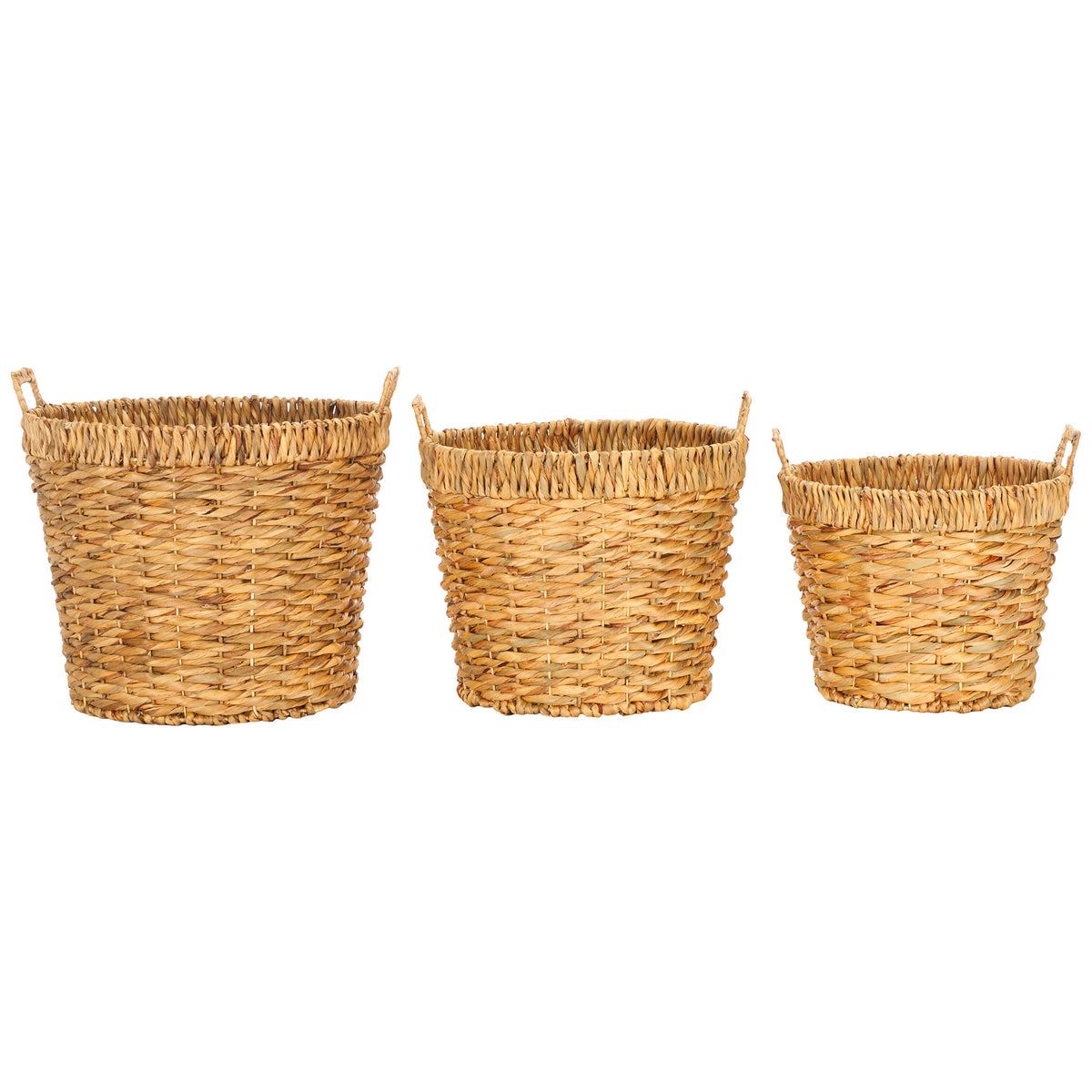 Three differently sized baskets line up with matching woven texture and raised loop handles. || STG1807A || front_studio