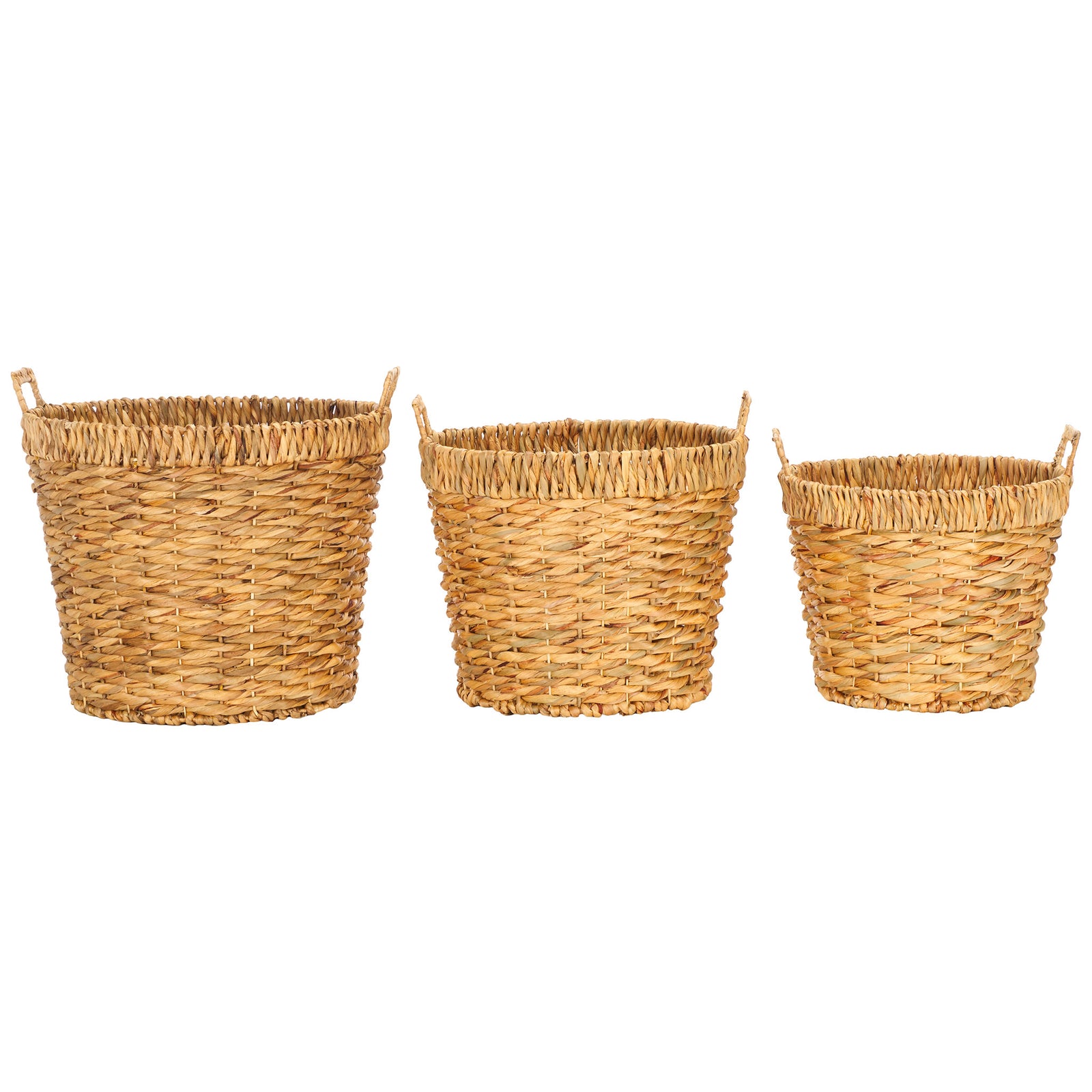 Three differently sized baskets line up with matching woven texture and raised loop handles. || STG1807A || front_studio