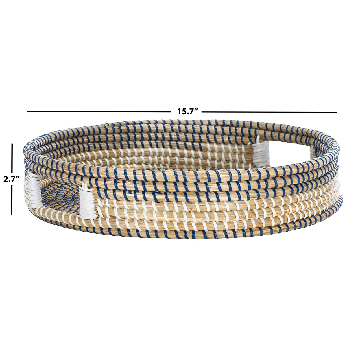 This round woven tray measures 15.7 inches across and 2.7 inches high.