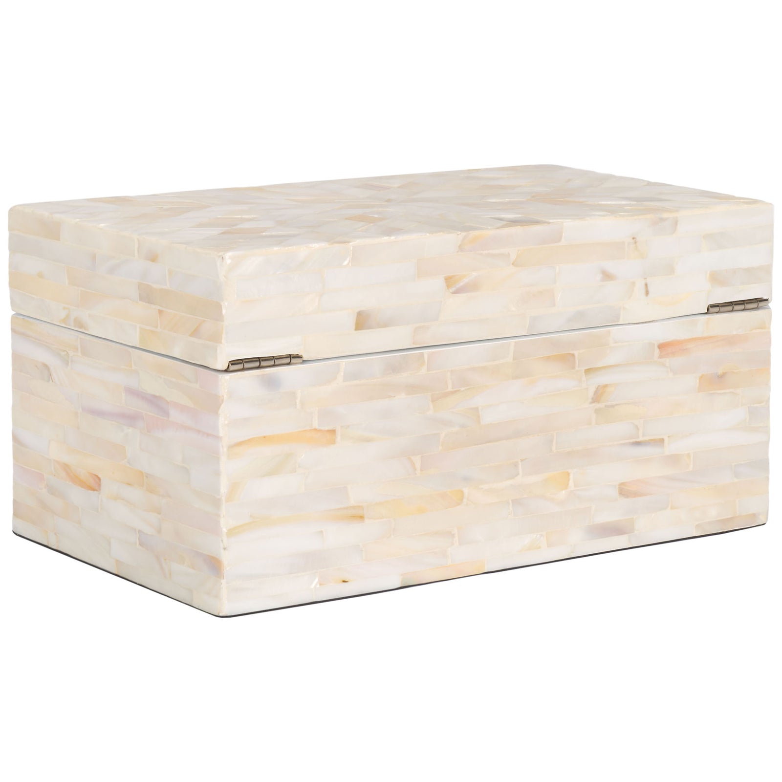 Creamy shell tiles wrap the larger box, while discreet hinges secure its fitted lid. || STG1810A || back_angle_partial_studio