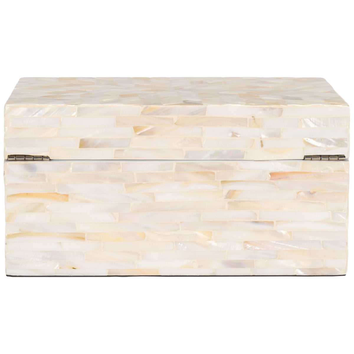 A hinged keepsake box glows with a subtle champagne mother-of-pearl mosaic. || STG1810A || back_partial_studio