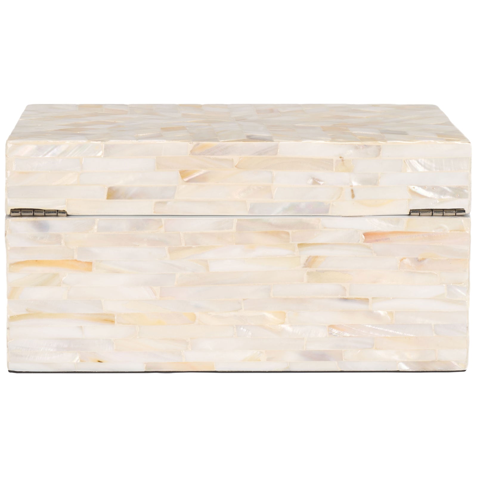 A hinged keepsake box glows with a subtle champagne mother-of-pearl mosaic. || STG1810A || back_partial_studio