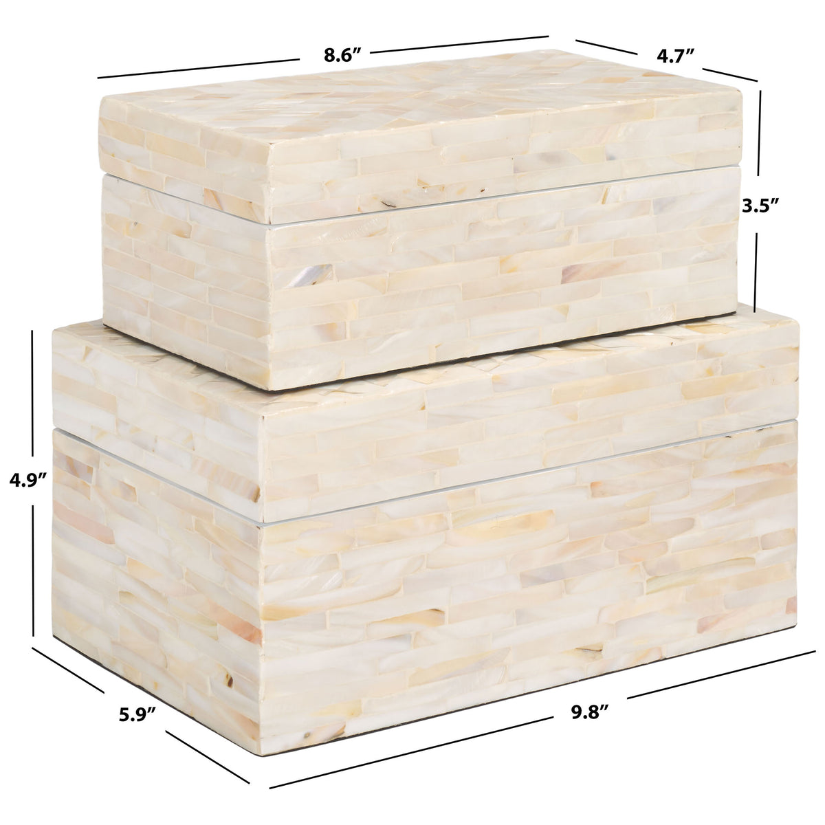 Two pearly keepsake boxes measure 9.8 x 5.9 x 4.9 and 8.6 x 4.7 x 3.5 inches. || STG1810A || dimension_studio
