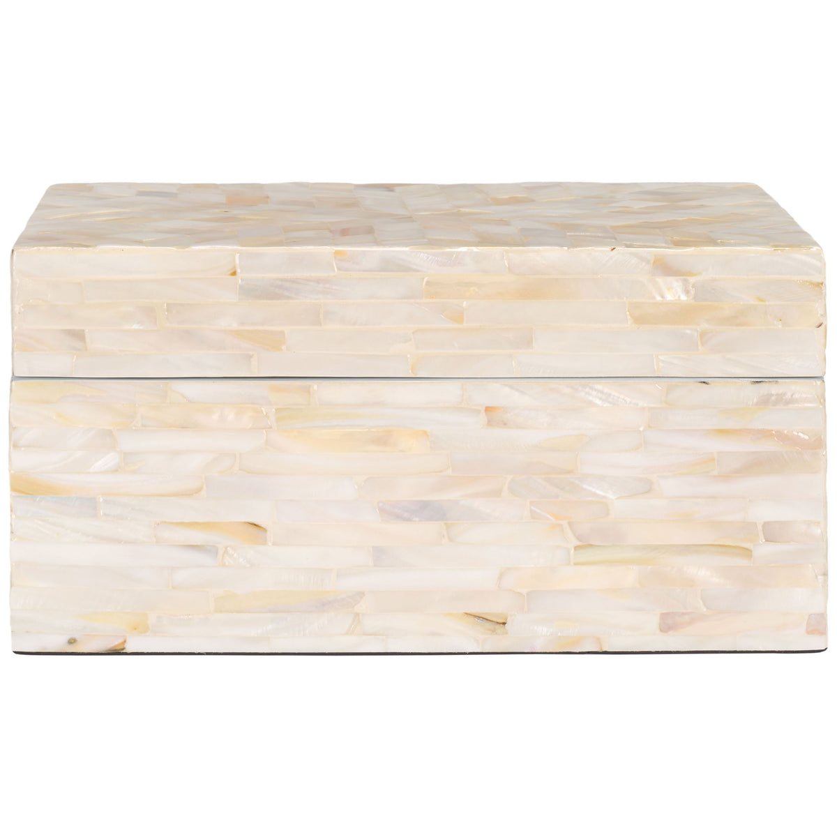 The larger lidded box offers creamy shell tilework and a clean rectangular silhouette. || STG1810A || front_partial_studio
