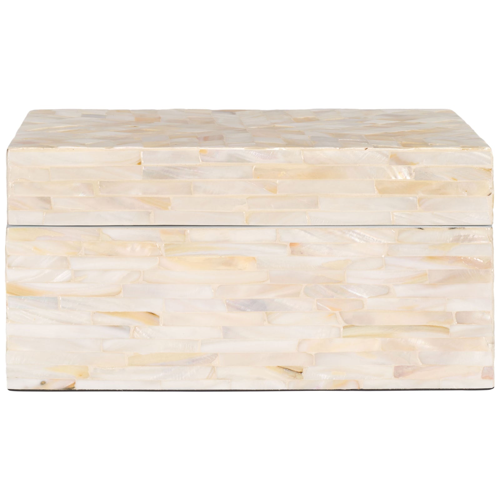 The larger lidded box offers creamy shell tilework and a clean rectangular silhouette. || STG1810A || front_partial_studio