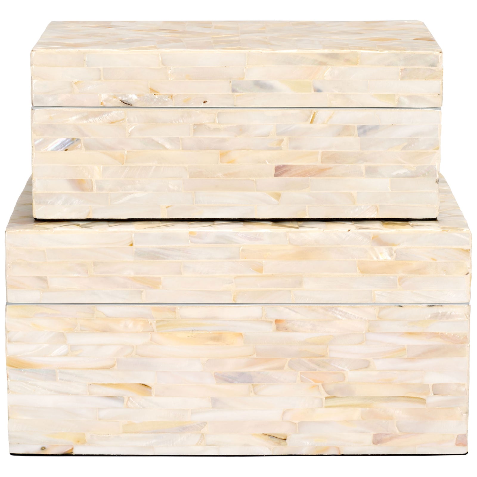 Two mother-of-pearl keepsake boxes stack neatly, bringing soft champagne shimmer to a tabletop. || STG1810A || front_studio