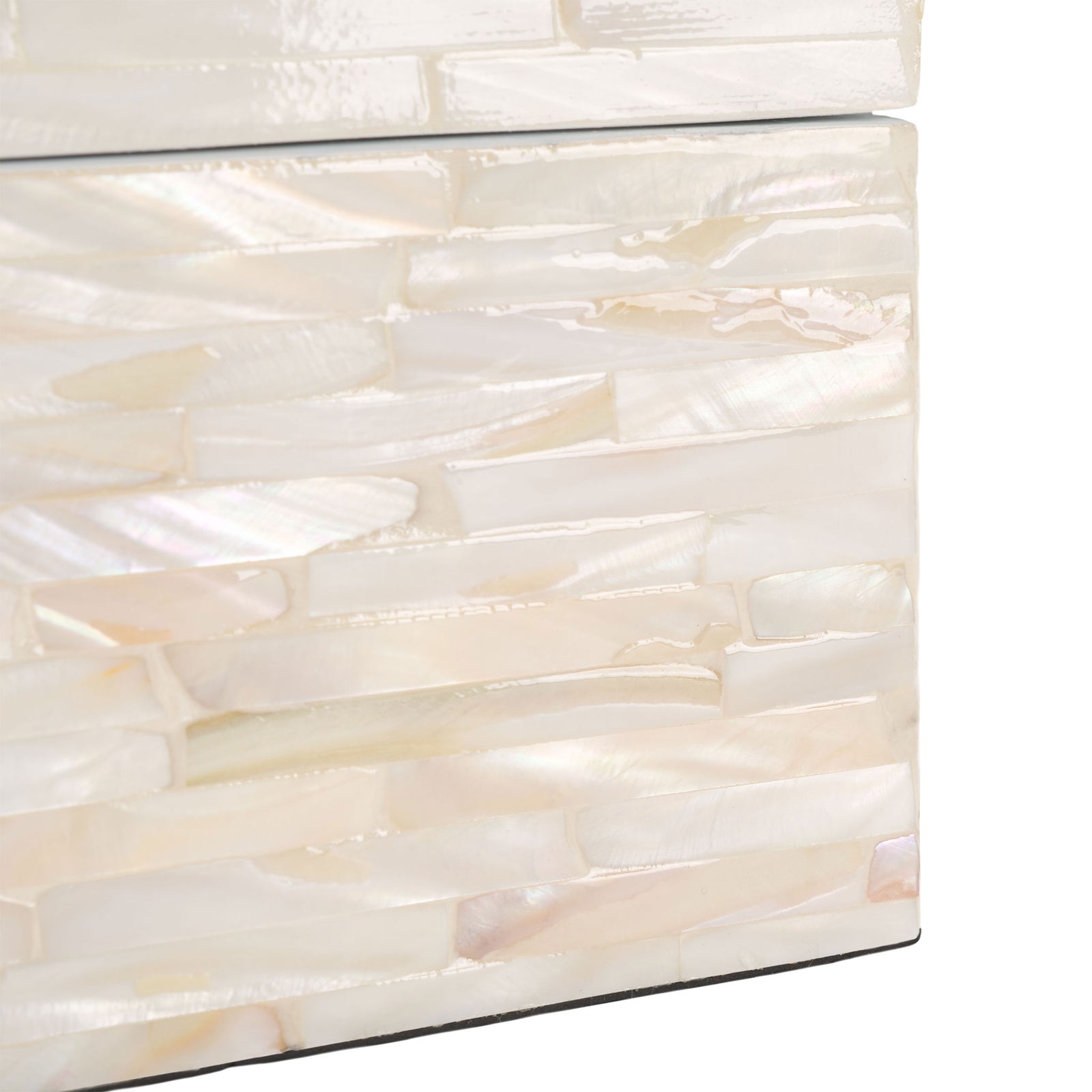 Iridescent shell strips shimmer along the box's lower edge in warm cream and champagne. || STG1810A || detail_studio