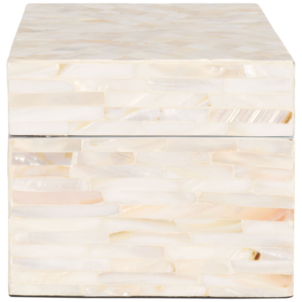 Mother-of-pearl strips wrap the keepsake box in soft champagne and ivory tones. || STG1810A || side_partial_studio