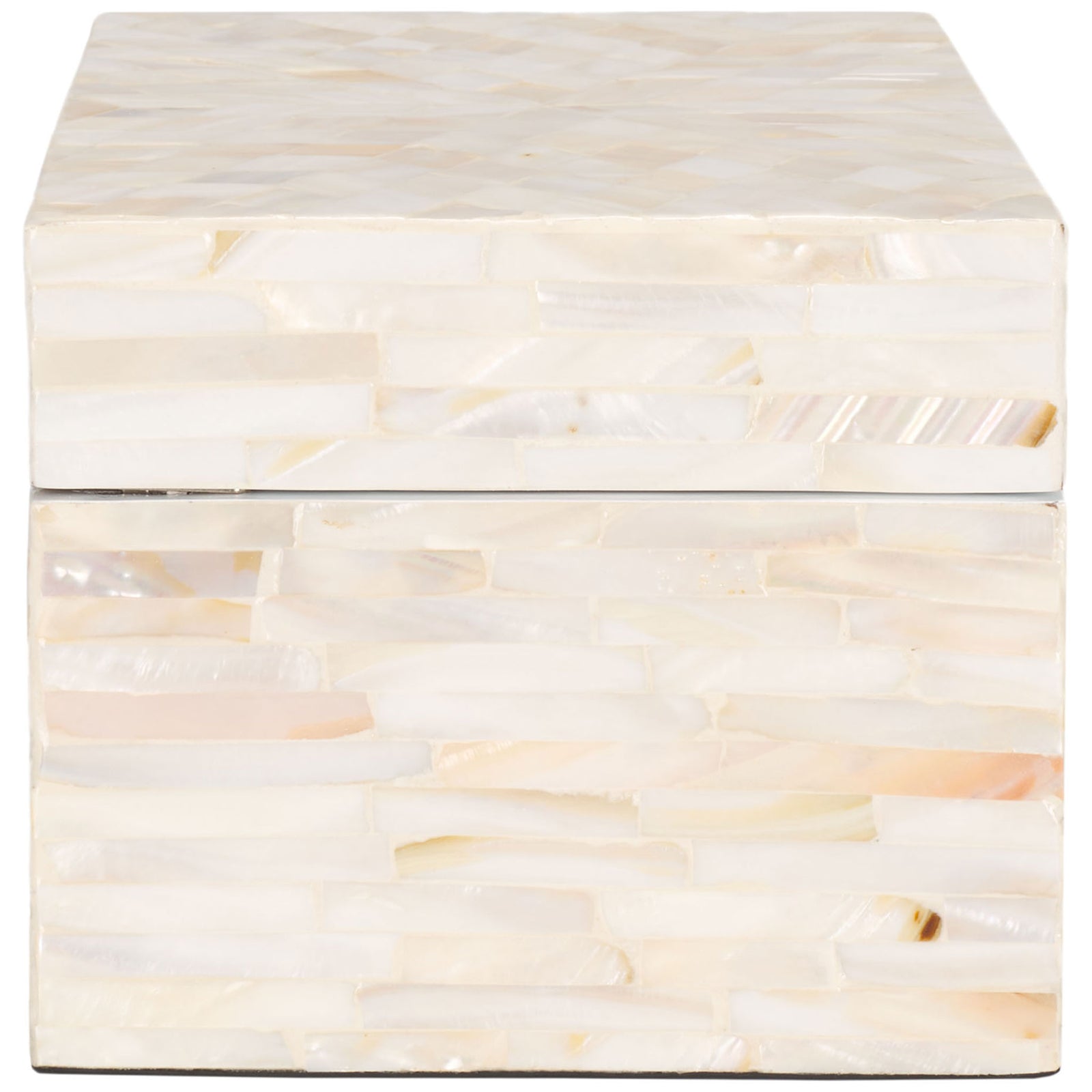 Mother-of-pearl strips wrap the keepsake box in soft champagne and ivory tones. || STG1810A || side_partial_studio