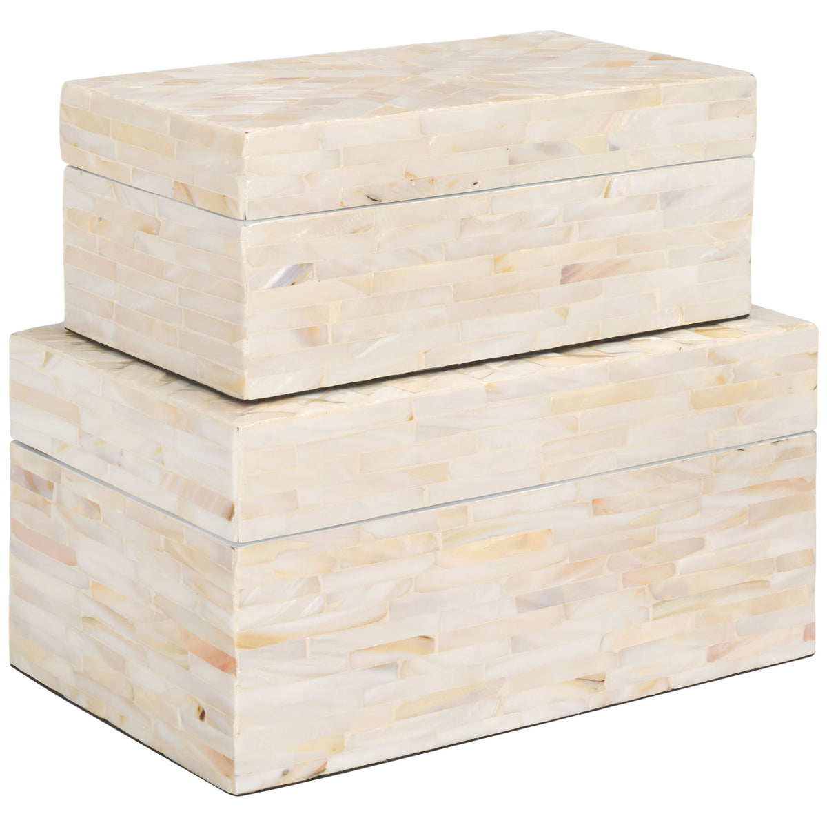 Stacked large and small boxes pair radiant shell tilework with practical keepsake storage. || STG1810A || front_angle_studio