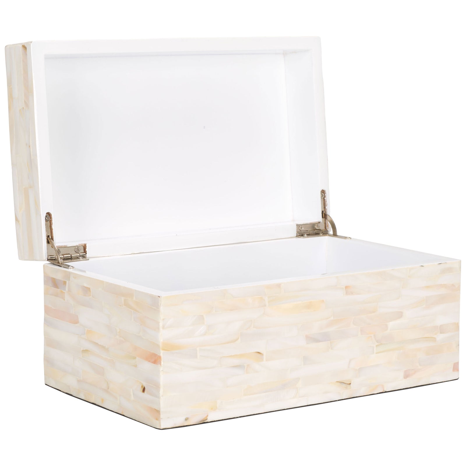 The hinged lid reveals a smooth white interior for tucking away jewelry and keepsakes. || STG1810A || front_angle_partial_open_studio