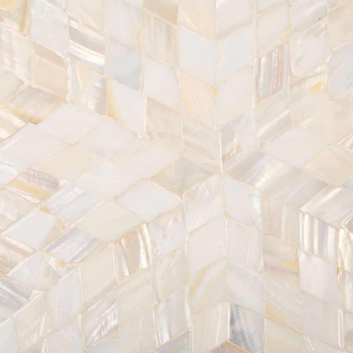 Iridescent shell tiles form a herringbone sunburst pattern in cream and champagne hues. || STG1810A || swatch_studio