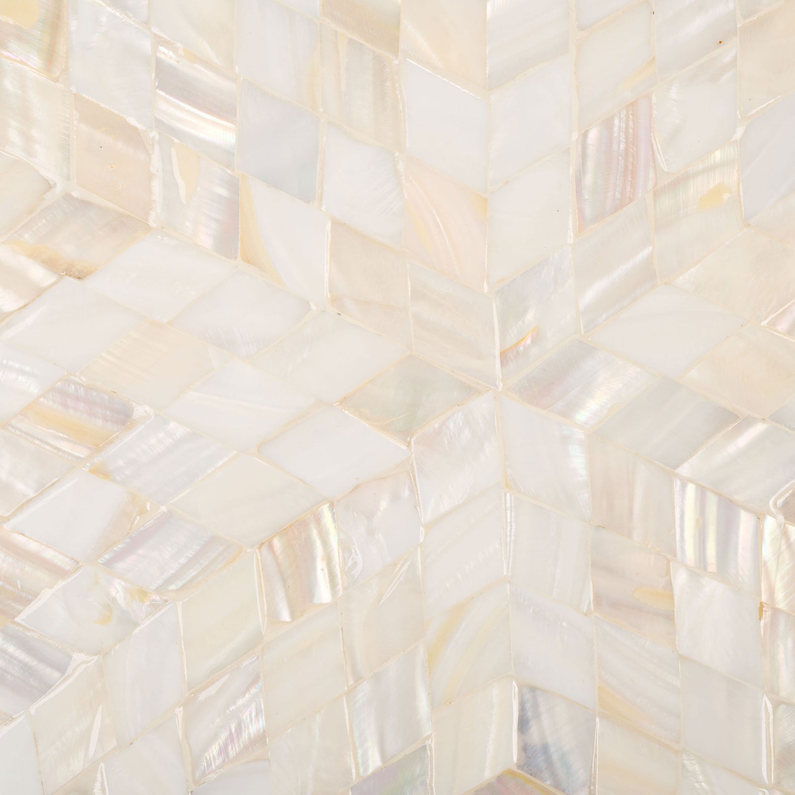 Iridescent shell tiles form a herringbone sunburst pattern in cream and champagne hues. || STG1810A || swatch_studio