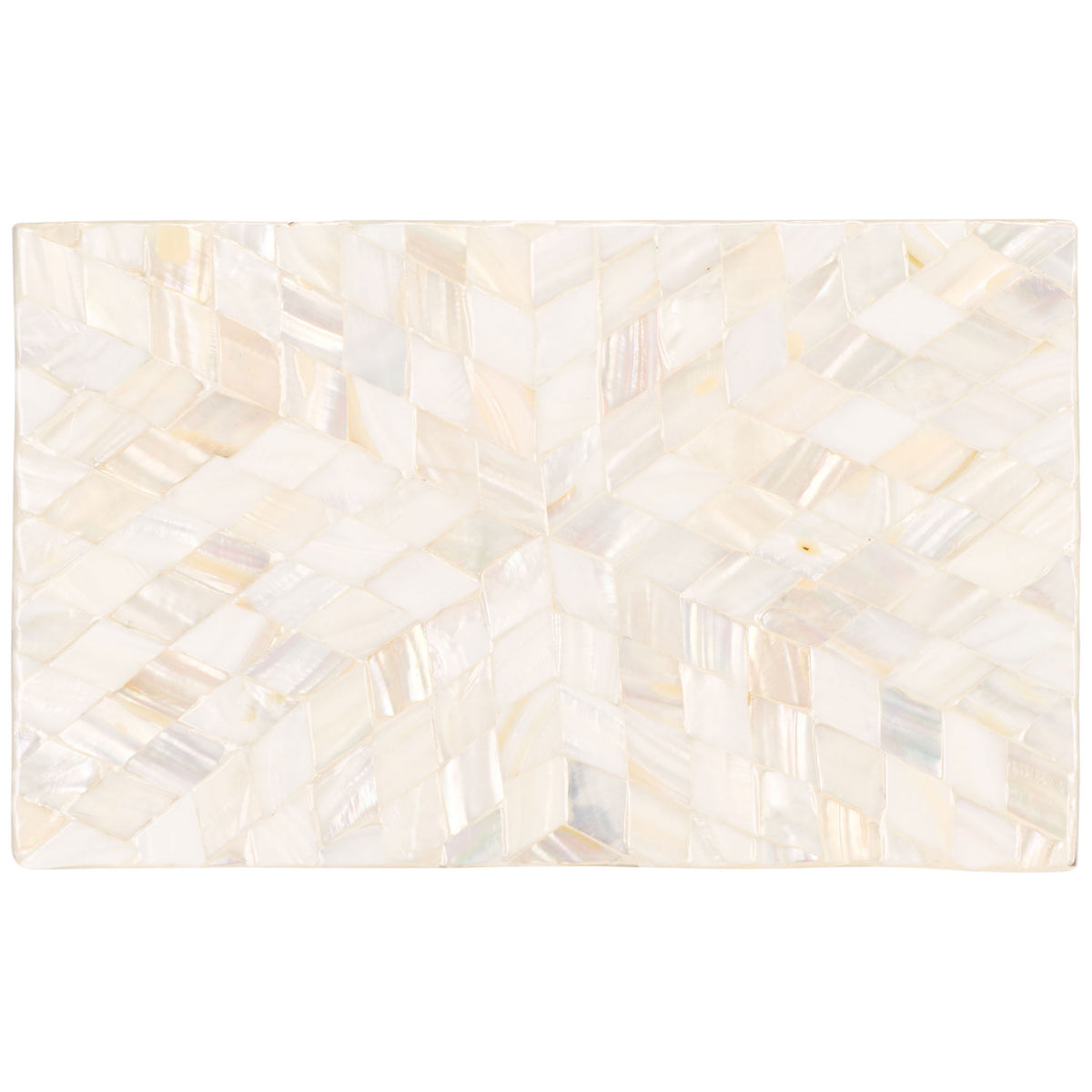 A radiant chevron of mother-of-pearl tiles spreads across the smooth rectangular lid. || STG1810A || top_partial_studio