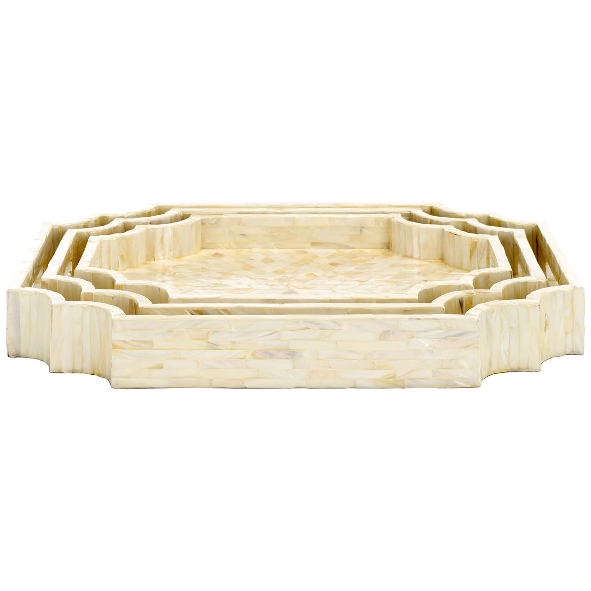 Three nesting champagne trays combine a luminous mother-of-pearl finish with sculpted corners || STG1811A || front_studio