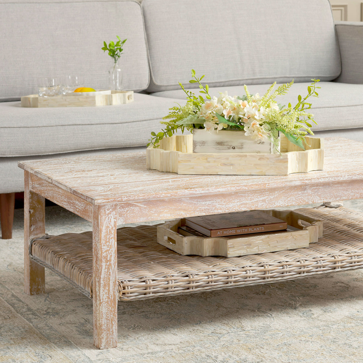Graduated champagne trays display flowers, drinks, and books throughout a relaxed living room || STG1811A || front_angle_room
